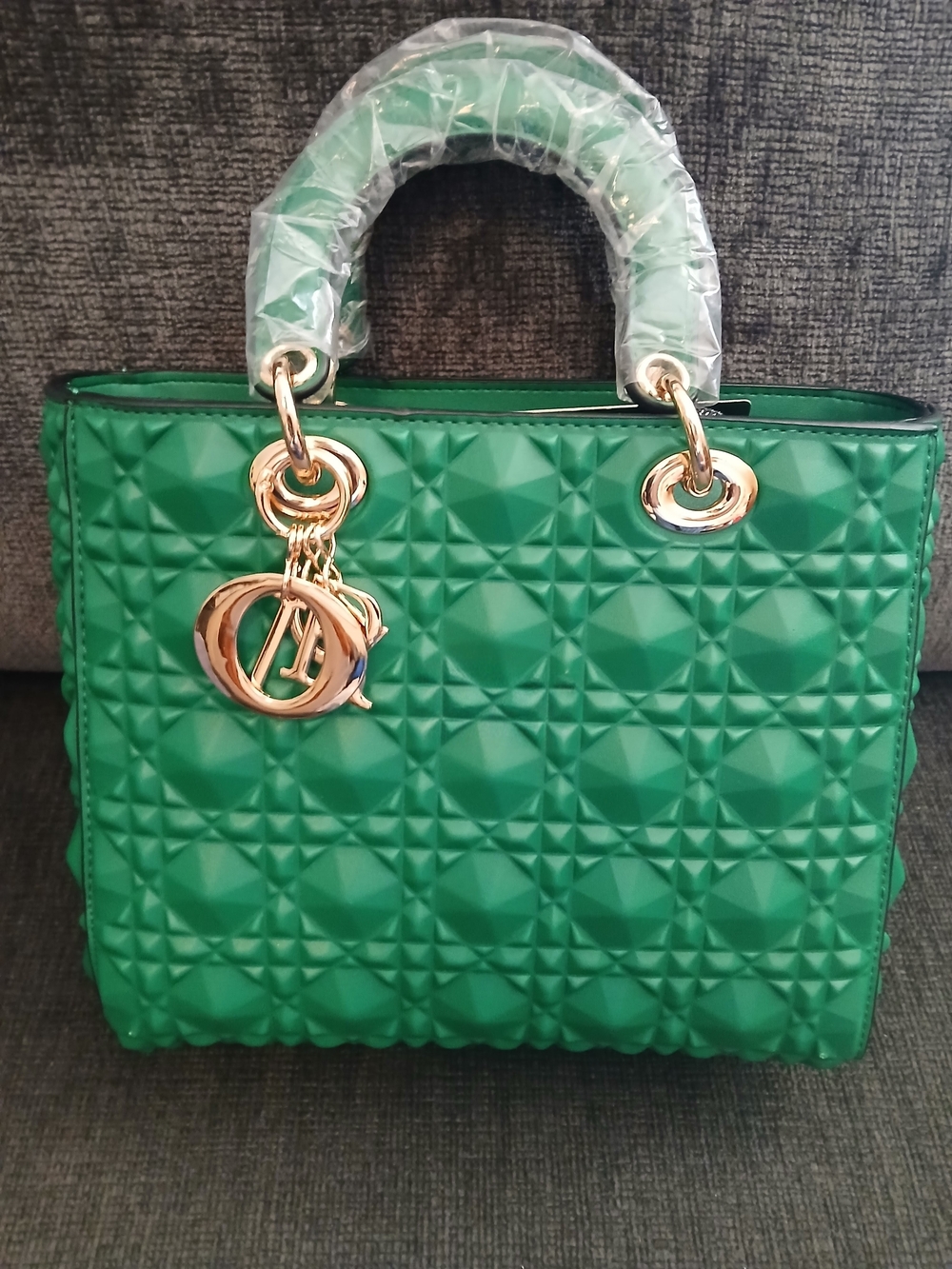 Green Quilted Satchel with Gold Hardware